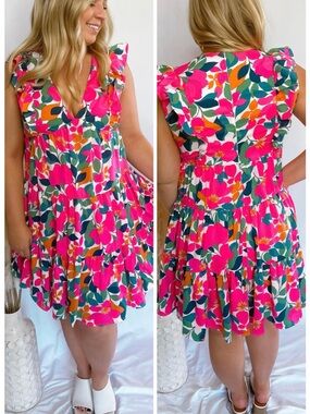 eesome  Floral Euphoria Pink Tiered Mini Dress